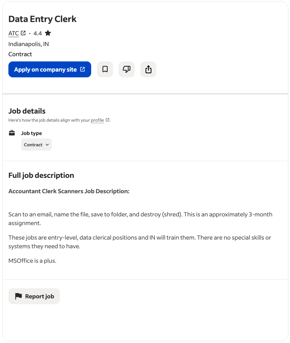 Indeed job listing